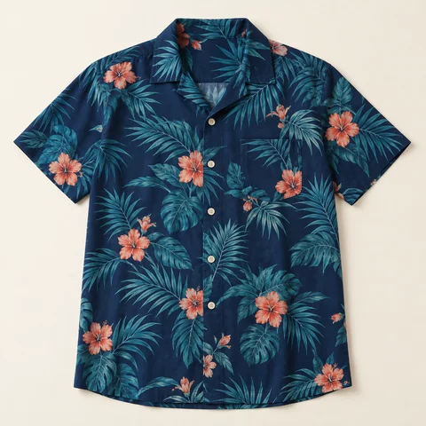 Navy tropical floral shirt illustrating a product with size and color options