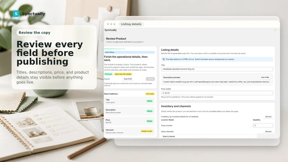 Synctually review screen with editable Shopify product title, tags, and SEO fields